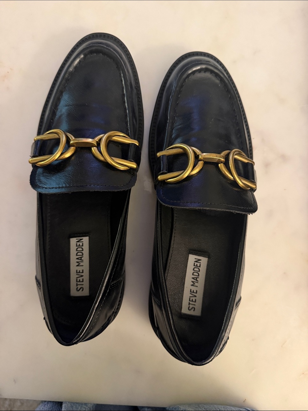 Steve Madden Black Leather Loafers with Gold Hardware